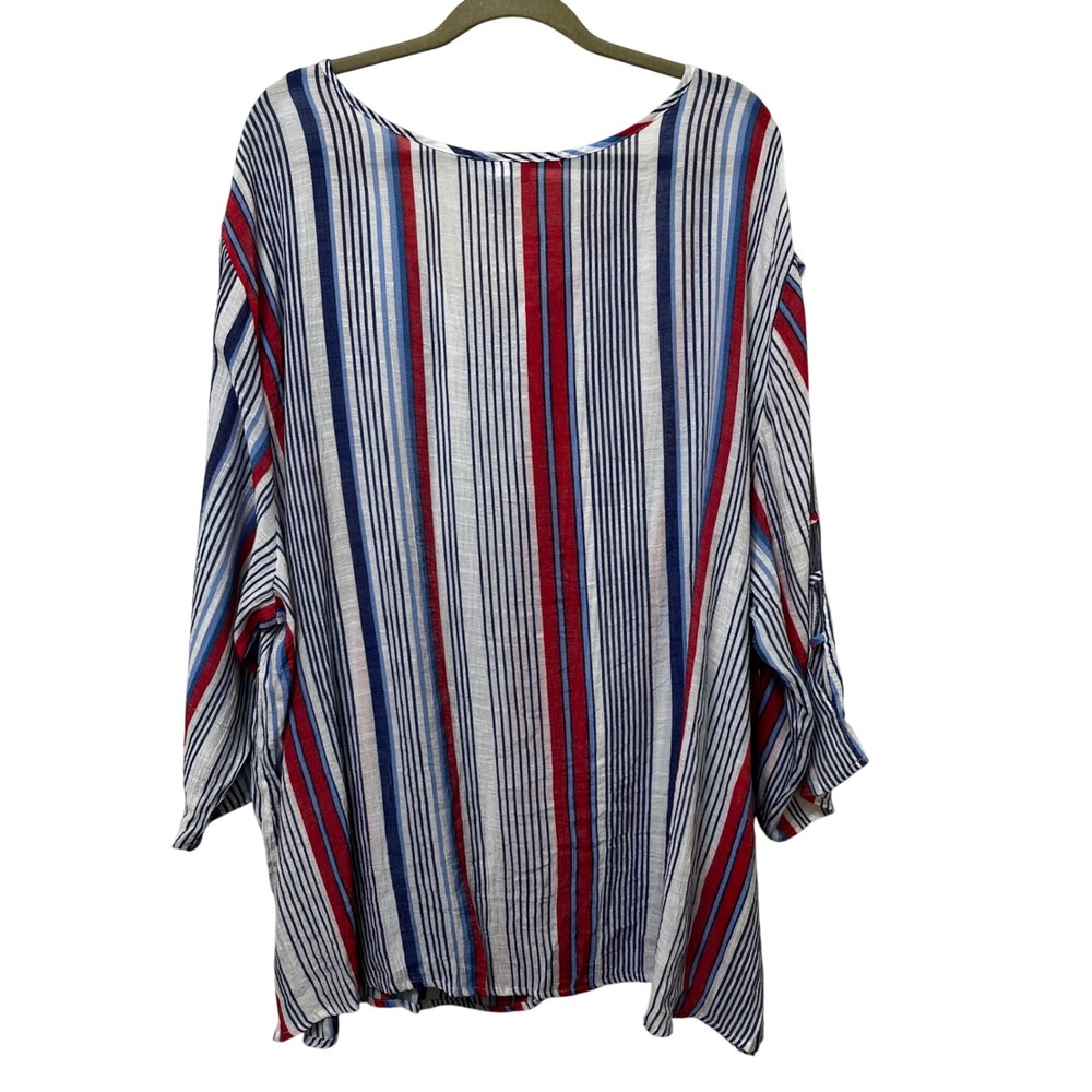 Catherines Womens Red White Blue Striped Tassel V-Neck Tunic Blouse 30/32W - Picture 2 of 5